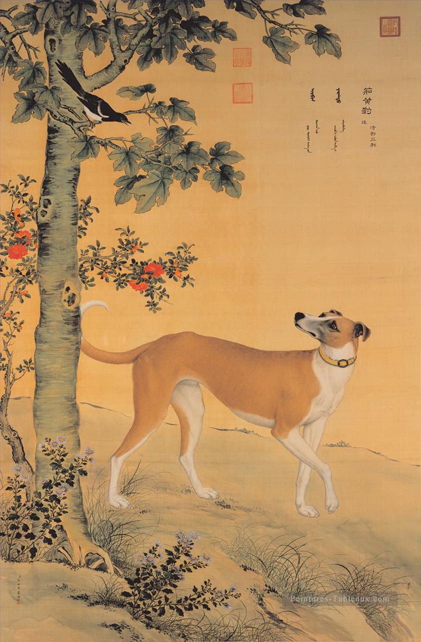 Lang brillant chien jaune vieux Chine encre Giuseppe Castiglione ancienne Chine à l’encre Peintures à l'huile
